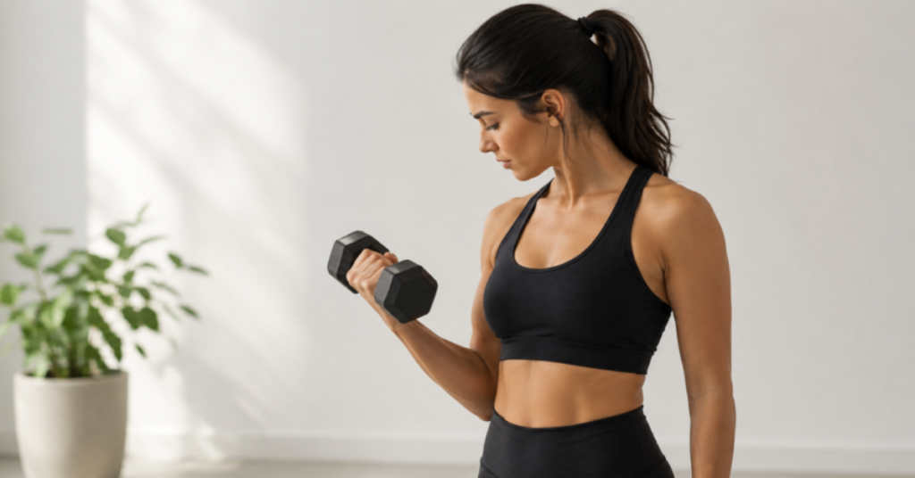 Mulher treinando braço com halter para ajudar a não perder músculo