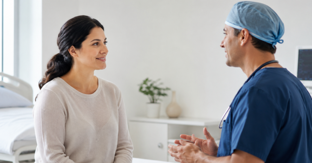 Paciente conversando com anestesiologista antes de uma cirurgia