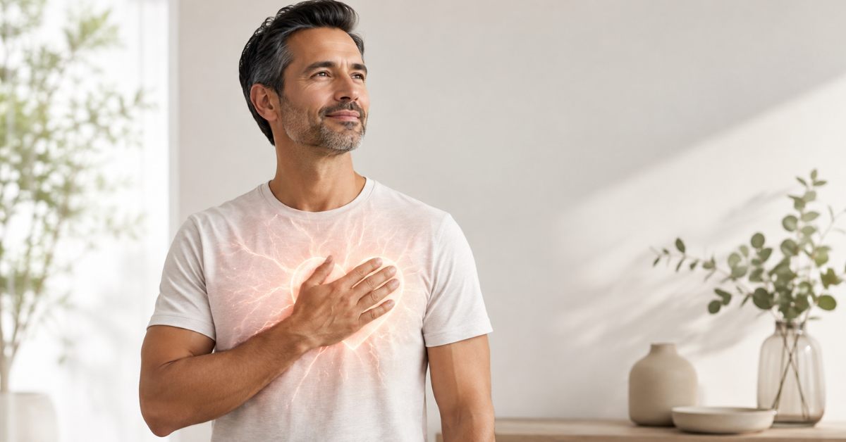 Homem com mão sobre o peito representando saúde cardiovascular