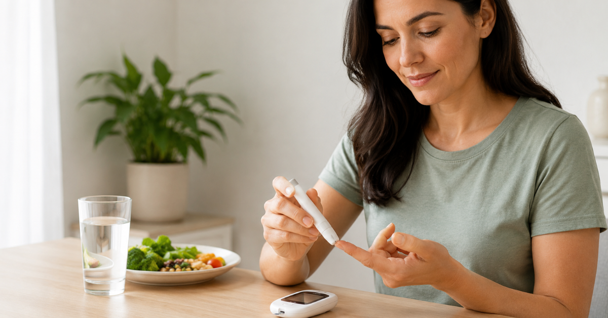 Mulher verificando a glicemia em conteúdo sobre pré-diabetes e Tirzepatida