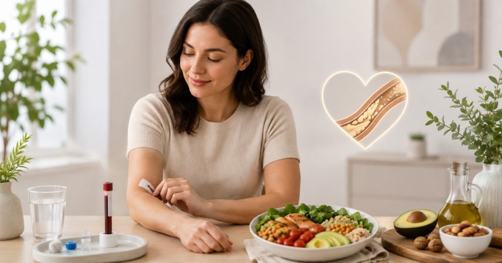 Colesterol e saúde cardiovascular representados por exame de sangue e alimentação equilibrada
