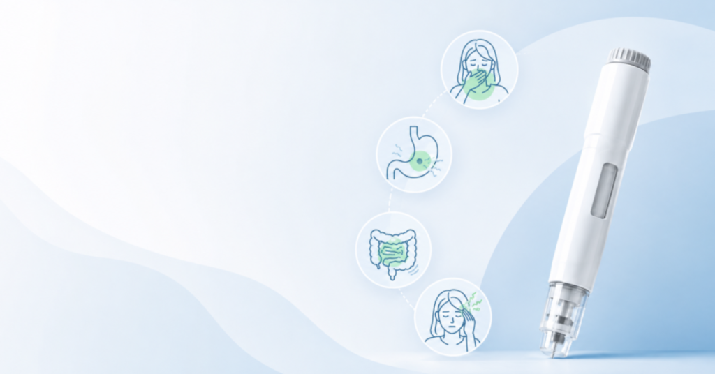Caneta de Tirzepatida com ilustrações de efeitos no sistema digestivo