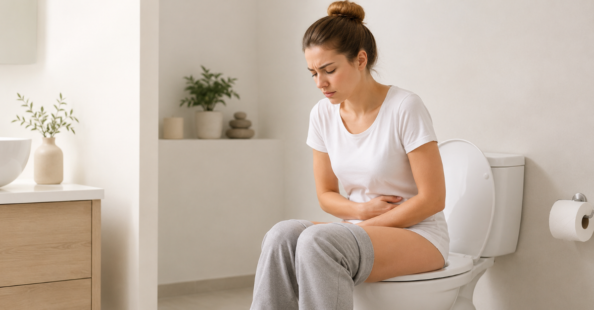 Mulher com dor abdominal sentada no vaso sanitário por diarreia Mulher com dor abdominal sentada no vaso sanitário por diarreia