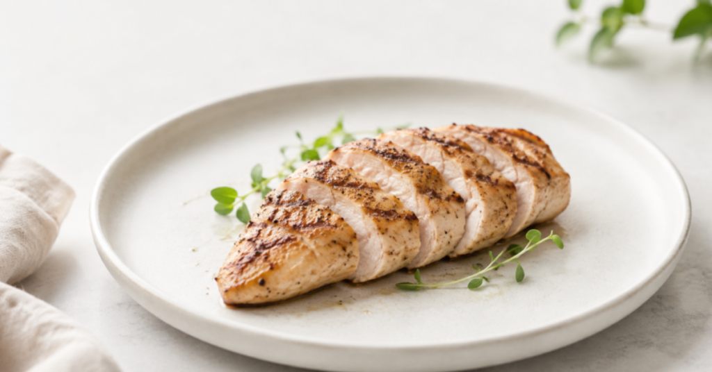 Prato com frango grelhado como fonte de proteína para ajudar a não perder músculo