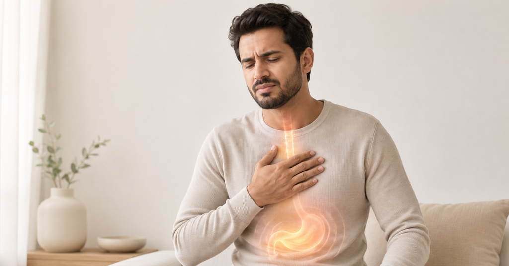 Homem com desconforto digestivo representando refluxo, gases e indigestão