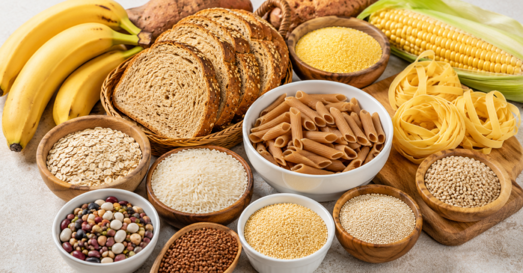 Alimentos ricos em carboidratos como arroz, massas, pães, aveia, milho e banana