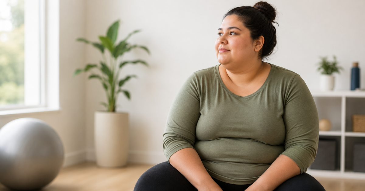 Mulher com obesidade em ambiente de bem-estar e atividade física