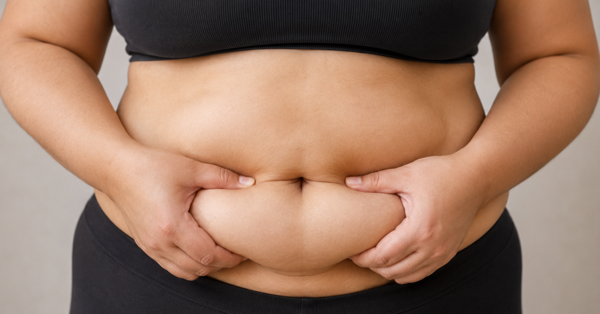 Pessoa com excesso de gordura abdominal segurando a região da barriga