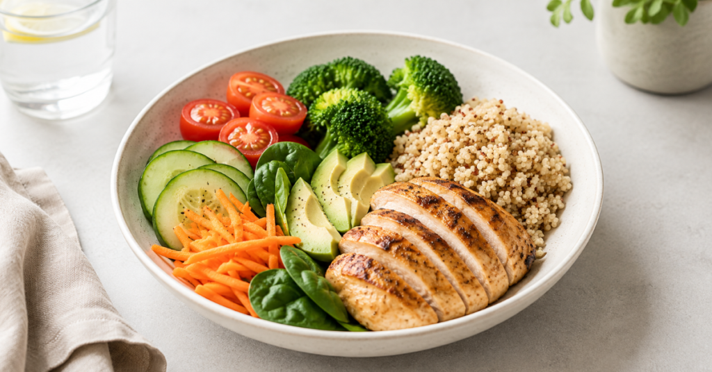 Refeição equilibrada com frango, quinoa, vegetais e abacate
