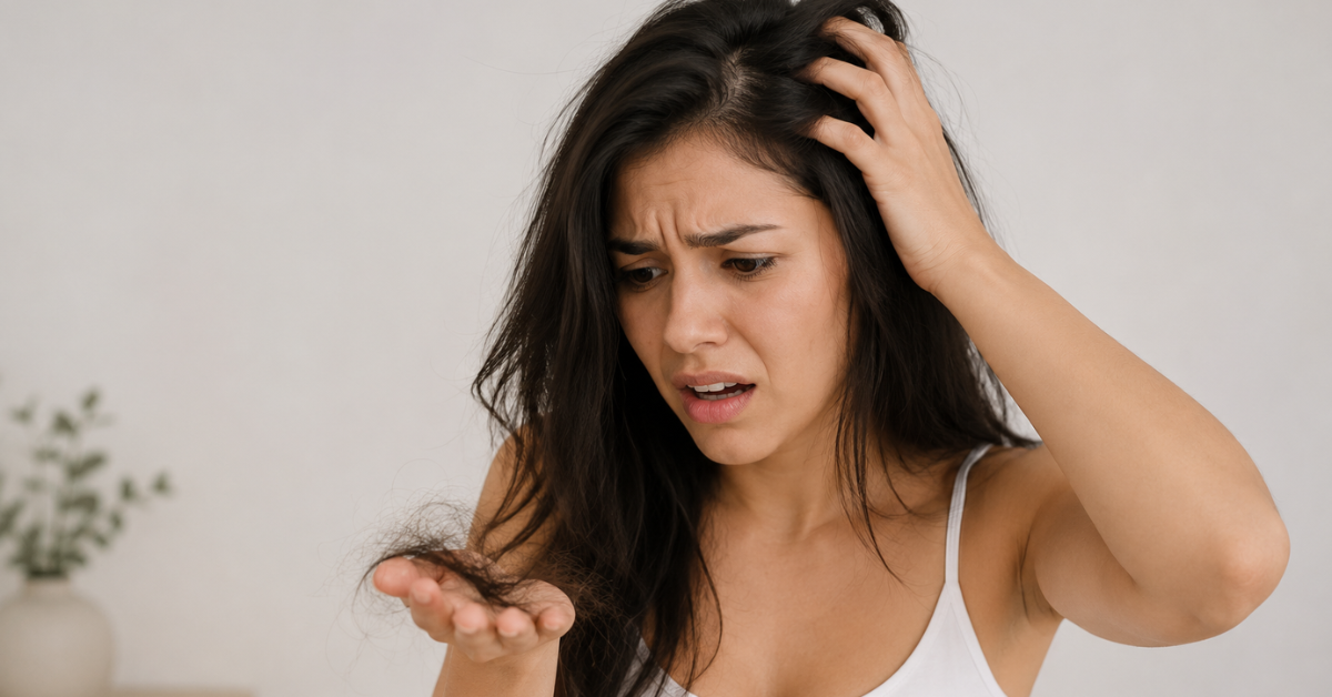 Mulher preocupada segurando fios de cabelo caídos na mão