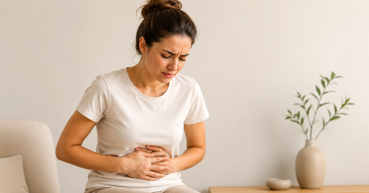 Mulher com indigestão e sensação de estômago pesado