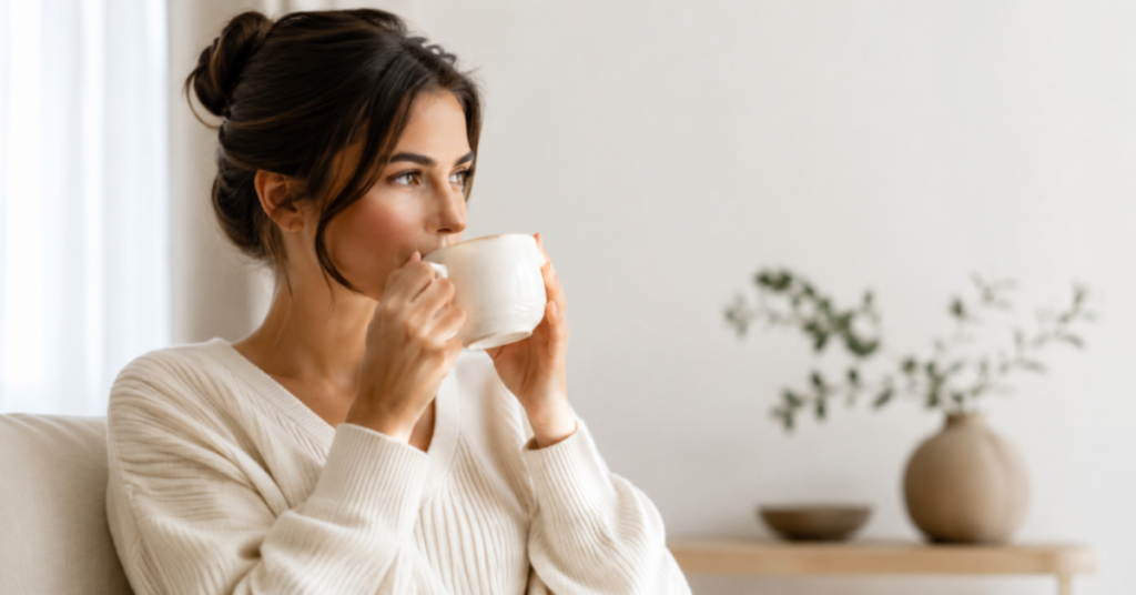 Mulher tomando café em ambiente claro e minimalista