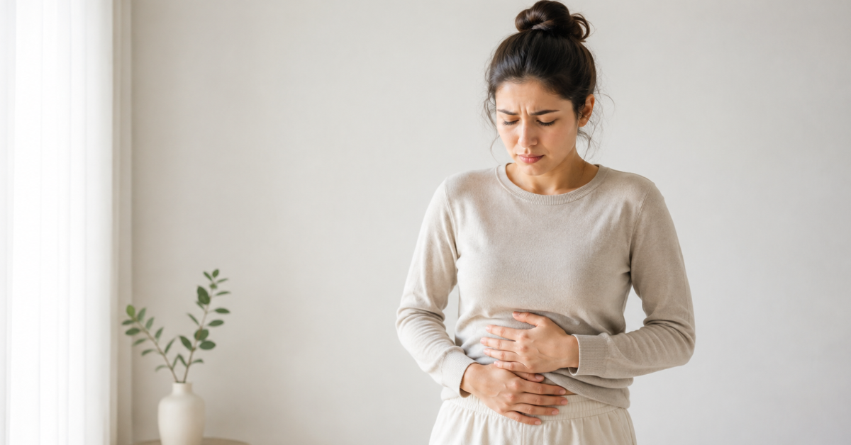Mulher com barriga estufada e desconforto causado por gases