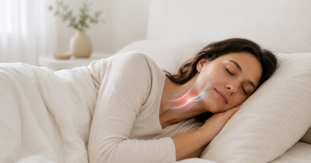 Mulher dormindo de lado com destaque nas vias respiratórias